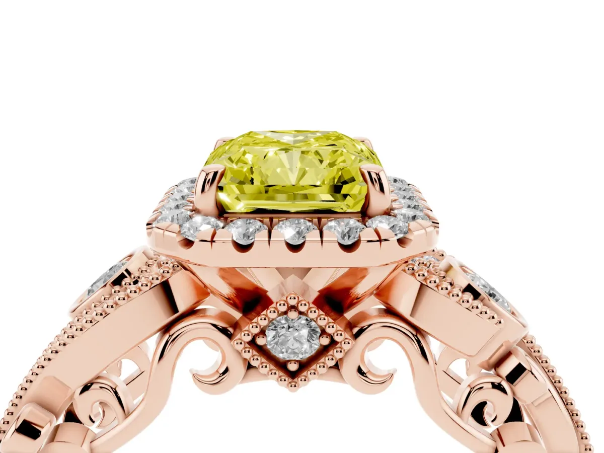 Fancy Yellow Radiant Cut Diamond Halo Ring with Milgrain Pavé Band and Four-Prong Setting Rose gold