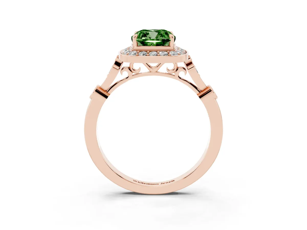 Fancy Green Cushion Cut Halo Diamond Engagement Ring with Twisted Band and Four-Prong Setting Rose gold