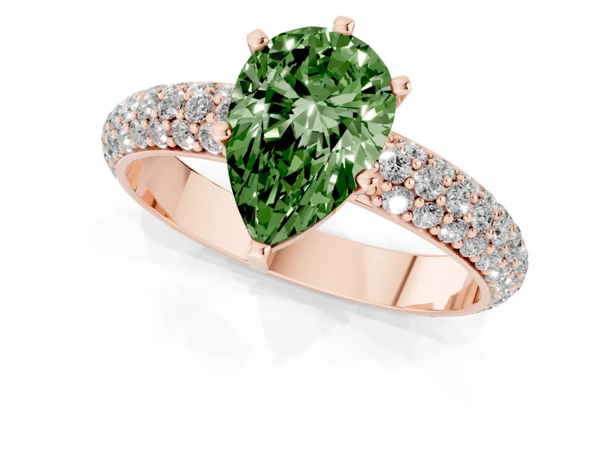 Fancy Green Pear Cut Diamond Solitaire Ring with Prong Setting and Pavé Band Rose gold