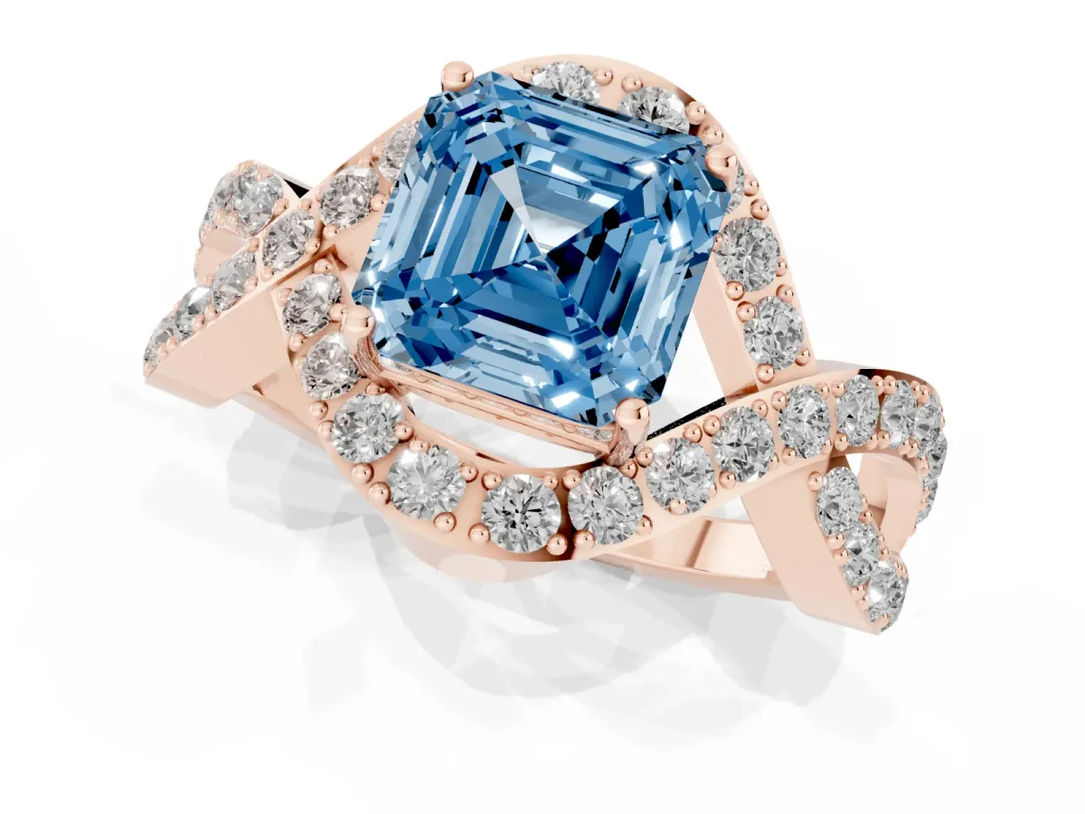 Fancy Blue Asscher Cut Solitaire Twist Band Pavé Diamond Engagement Ring Rose gold