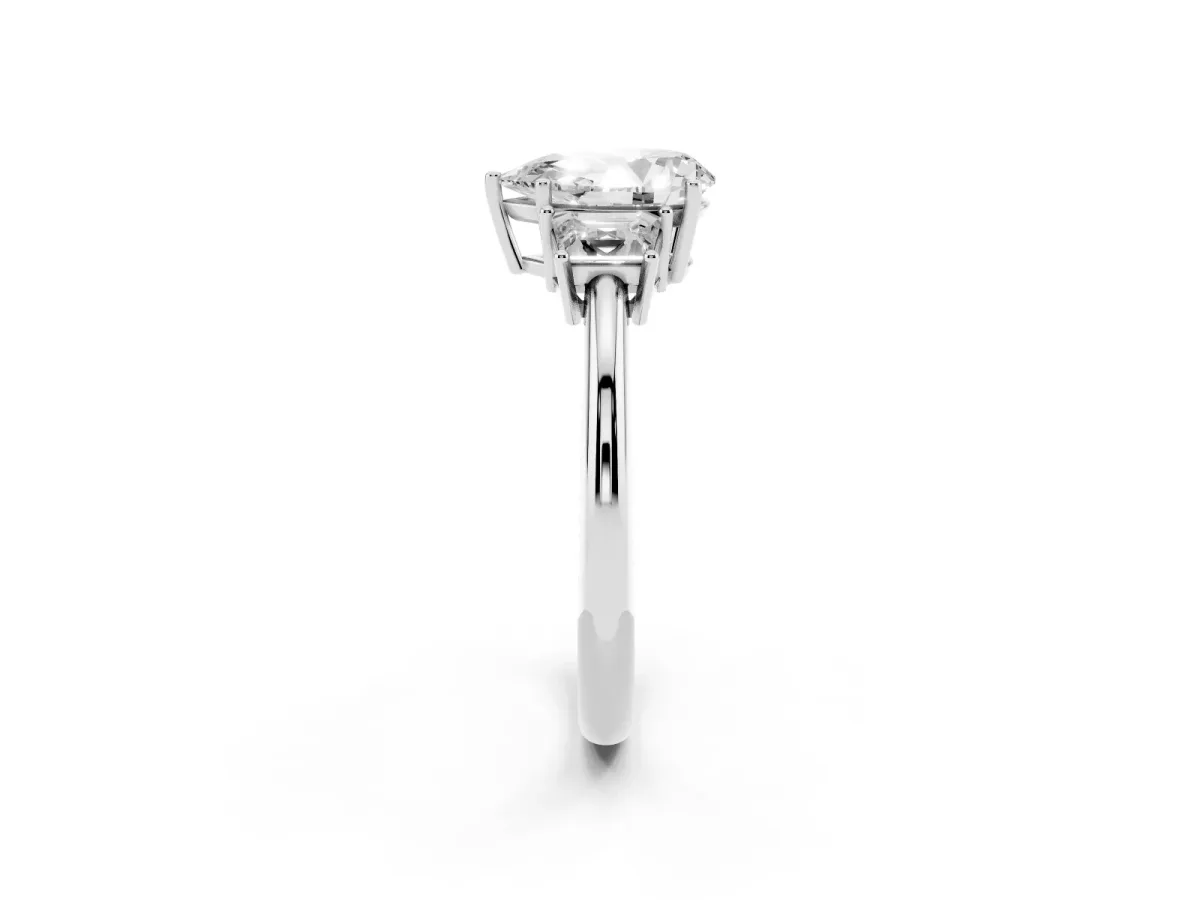 Pear Cut Diamond Three-Stone Ring with Trapezoid Side Stones and Prong Setting Platinum