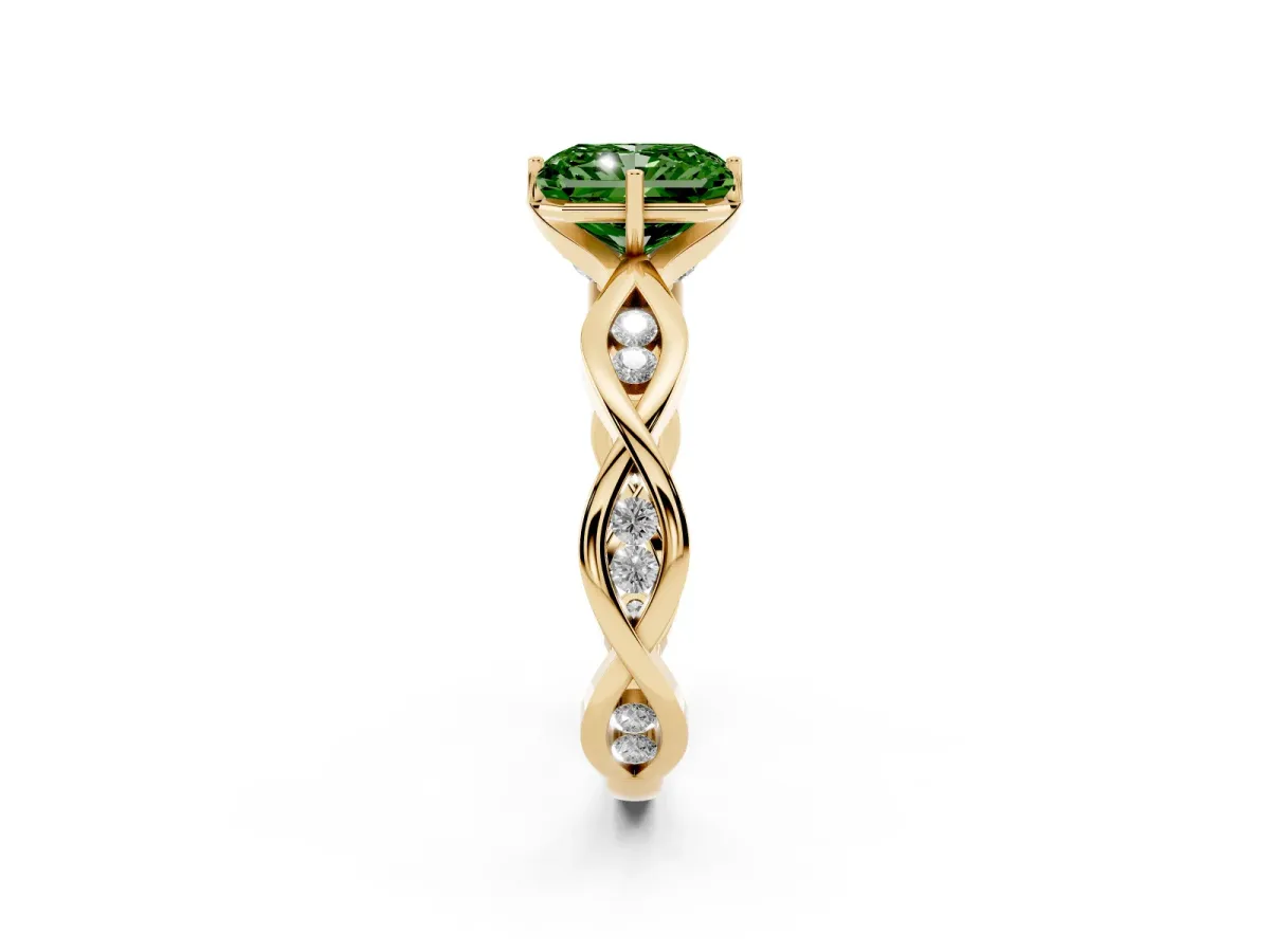 Fancy Green Radiant Cut Solitaire Twist Band with Leaf Prong Setting Yellow gold