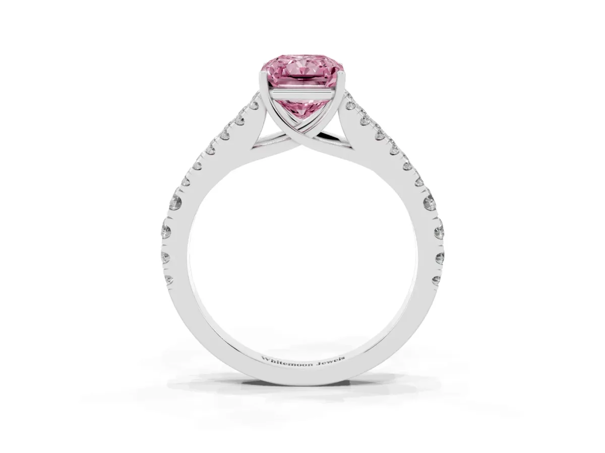 Fancy Pink Radiant Cut Diamond Split Shank Pavé Engagement Ring with Four-Prong Setting Silver