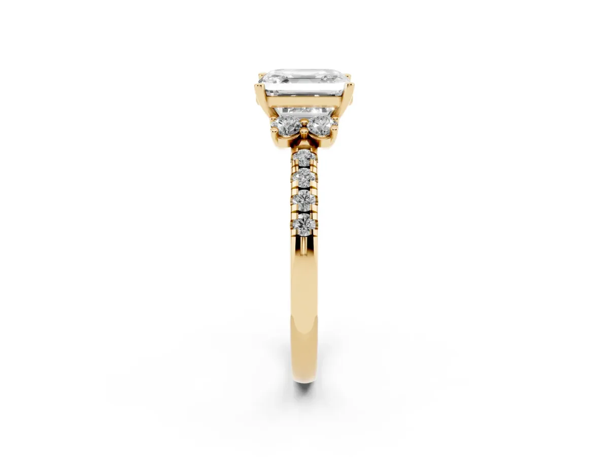 Asscher Cut Diamond Three-Stone Pave Band with Four-Prong Setting Yellow gold
