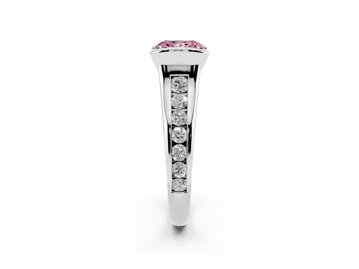 Fancy Pink Princess Cut Solitaire Bezel-Set Diamond Ring with Channel-Set Band Silver