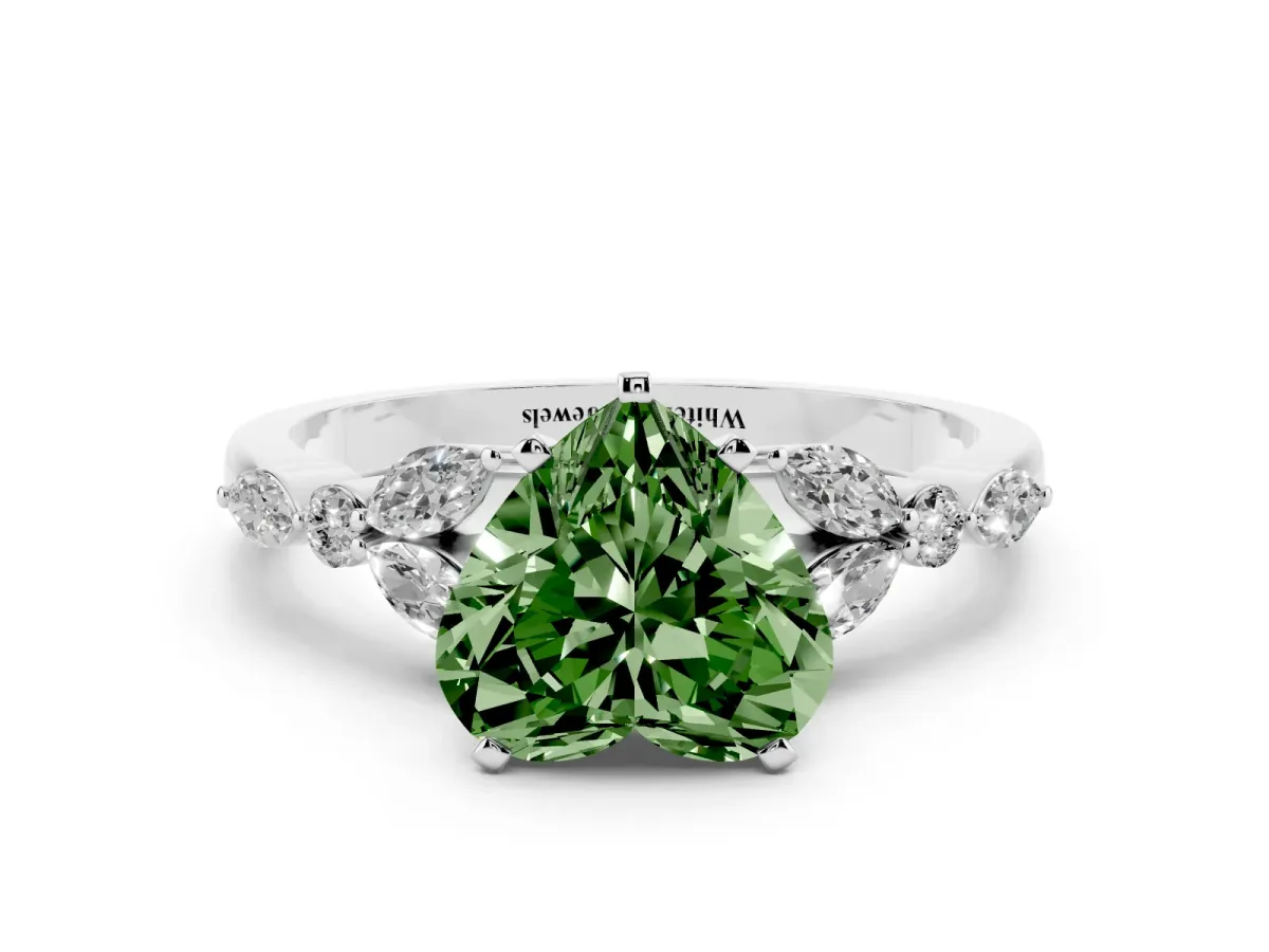 Fancy Green Heart Cut Diamond Solitaire Ring with Side Stones and Four-Prong Setting Silver