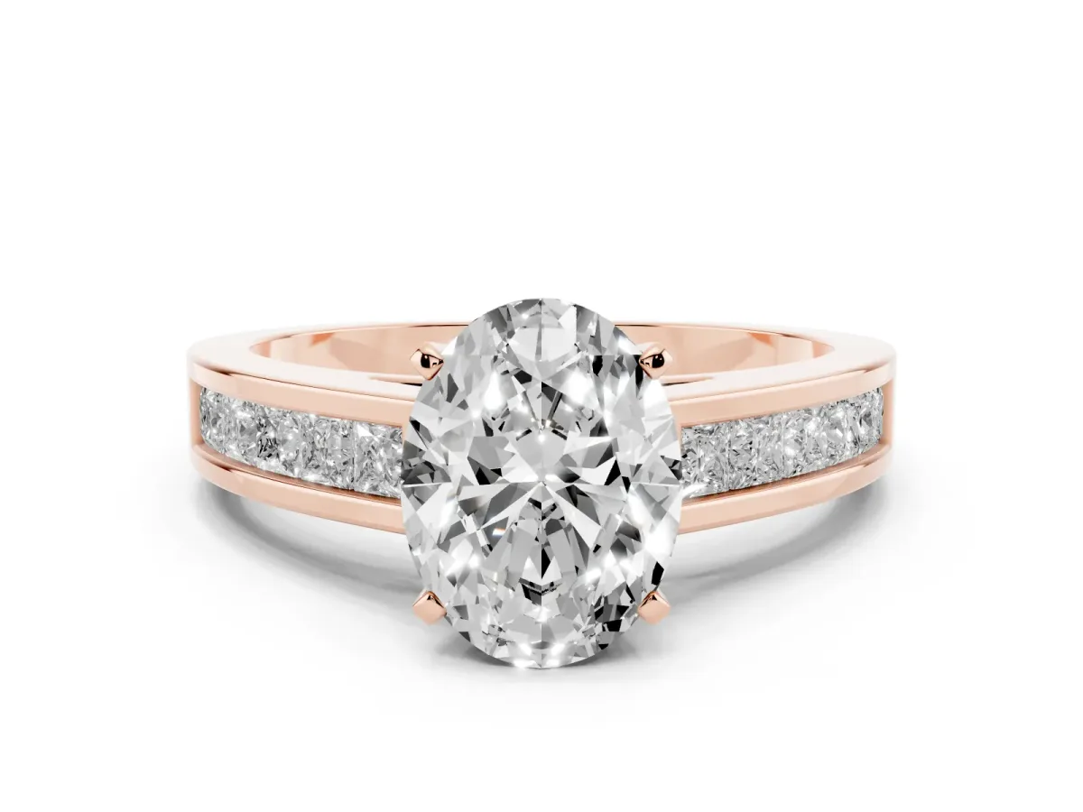 Oval Cut Solitaire Diamond Ring with Channel-Set Band and Four-Prong Setting Rose gold