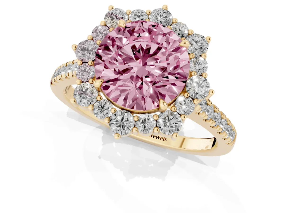 Fancy Pink Round Cut Halo Diamond Ring with Pavé Band and Prong Setting Yellow gold