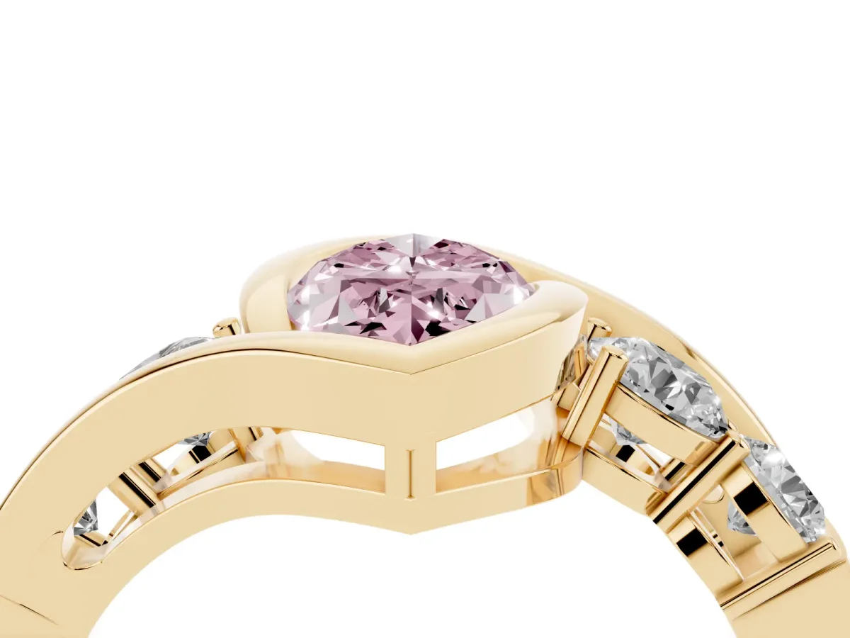 Fancy Pink Bezel Set Marquise Cut Diamond Bypass Ring with Round Accents Yellow gold