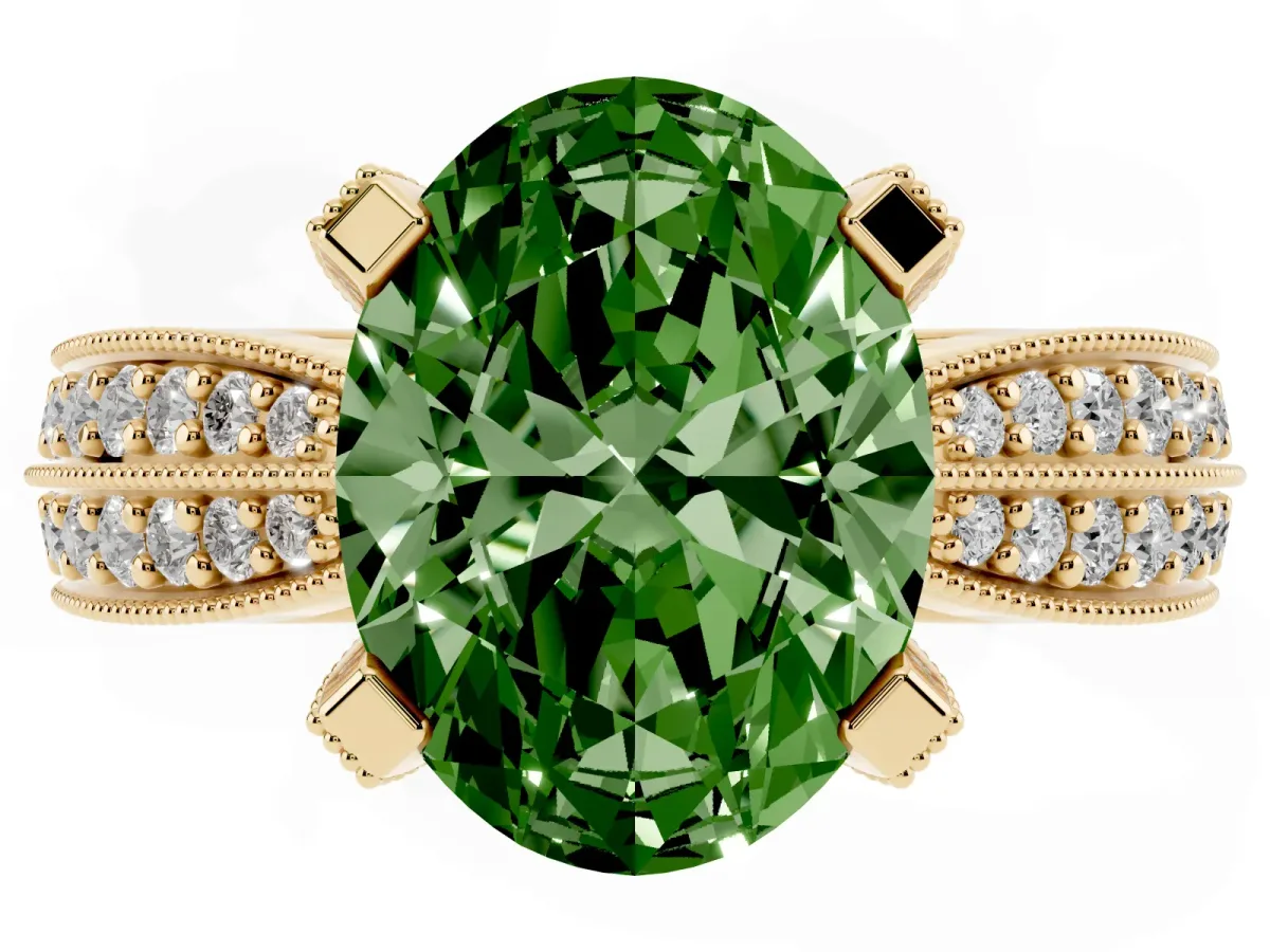 Fancy Green Oval Cut Diamond Solitaire Ring with Milgrain Round Pavé Band and Prong Setting Yellow gold