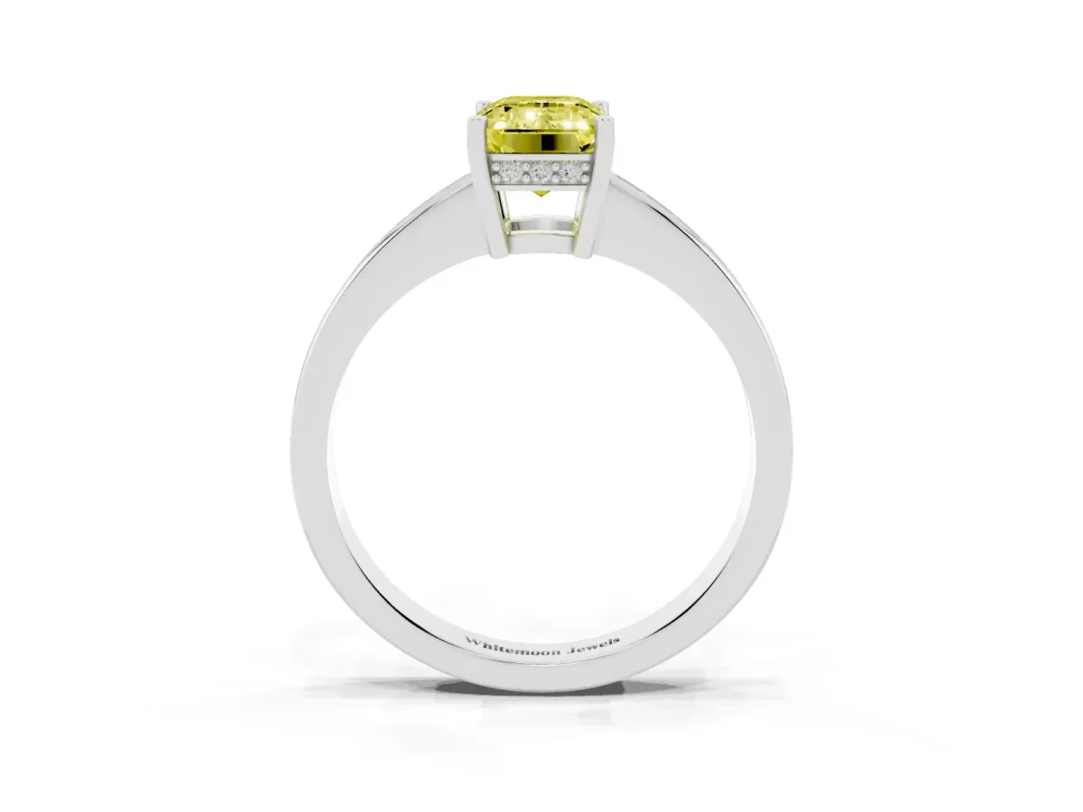 Fancy Yellow Emerald Cut Solitaire Pavé Band Prong Setting Ring Platinum