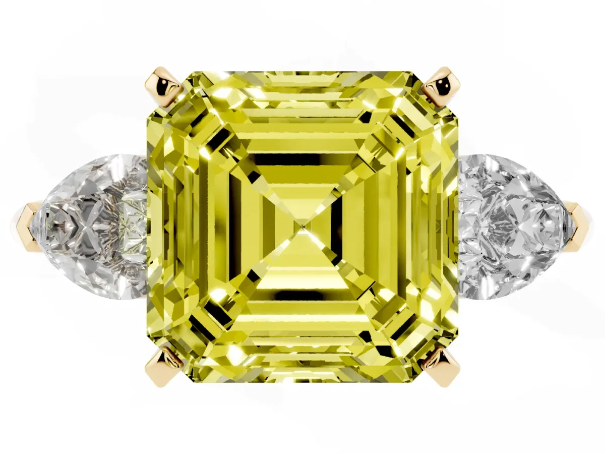 Fancy Yellow Three-Stone Asscher Cut Diamond Ring with Pear Side Stones and Four-Prong Setting Yellow gold