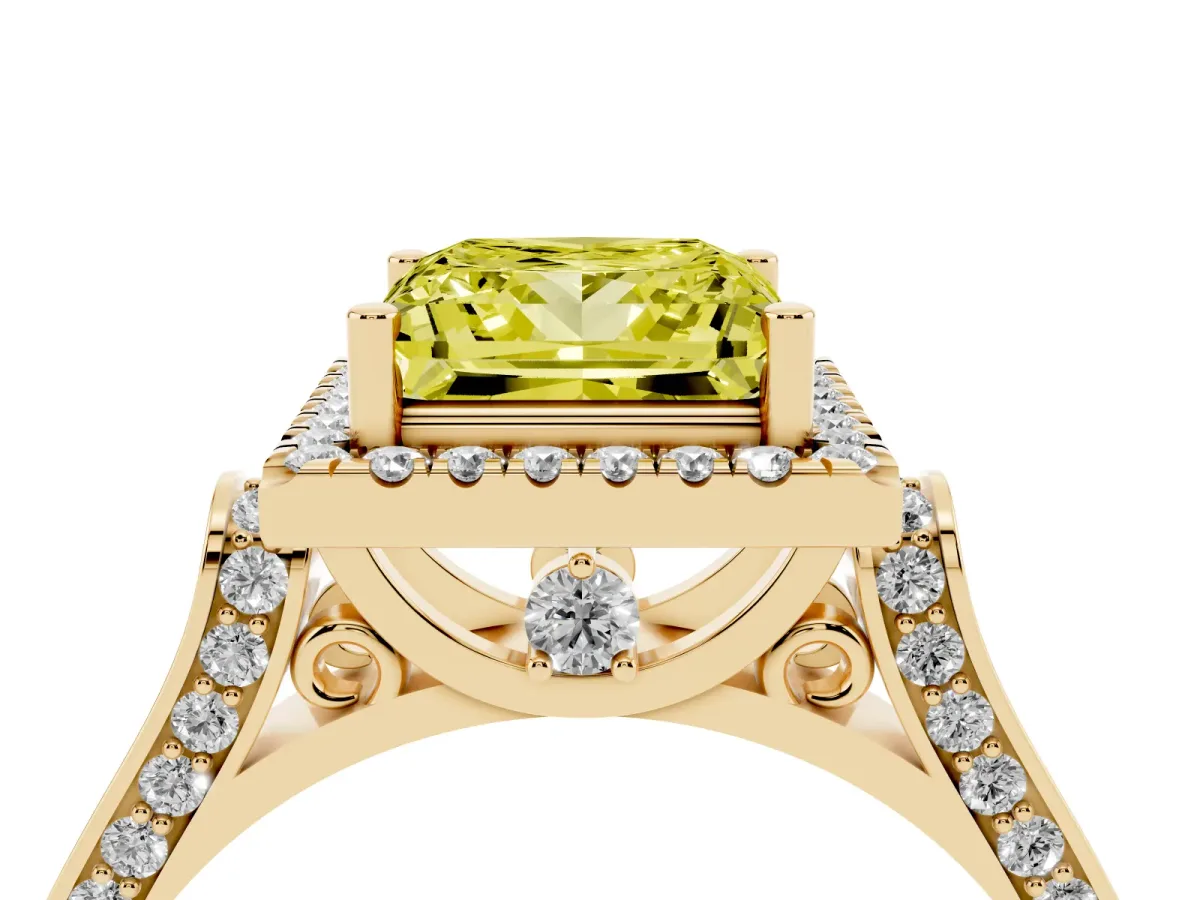 Fancy Yellow Princess Cut Halo Round Diamond Twist Band with Four-Prong Setting Yellow gold