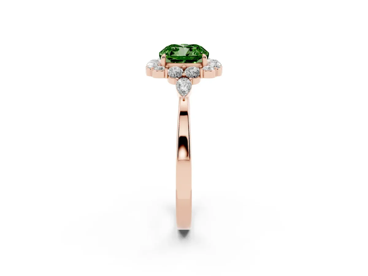 Fancy Green Cushion Cut Diamond Halo Ring with Pear Side Stones and Prong Setting Rose gold