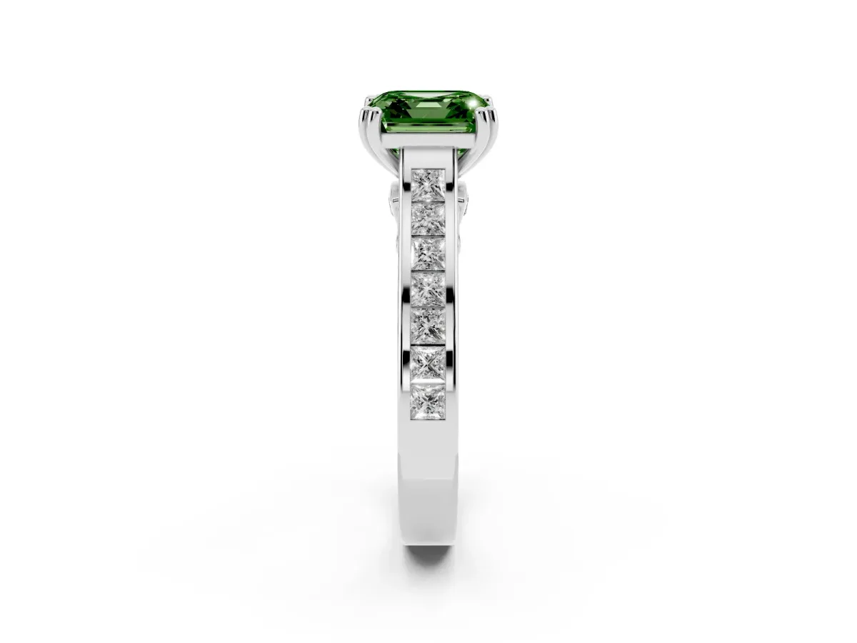 Fancy Green Asscher Cut Cut Channel Set Solitaire Engagement Ring with Prong Setting Silver