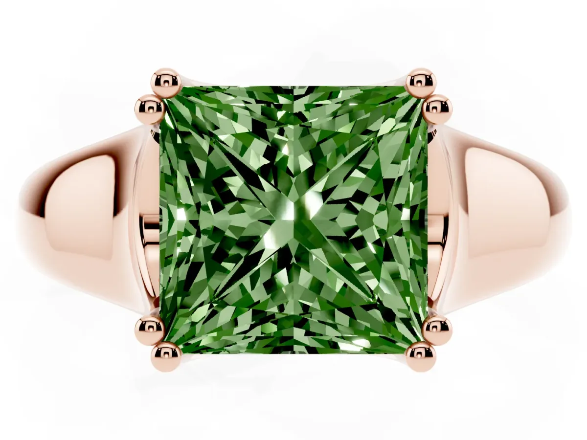 Fancy Green Princess Cut Diamond Solitaire Ring with Wide Band and Prong Setting Rose gold