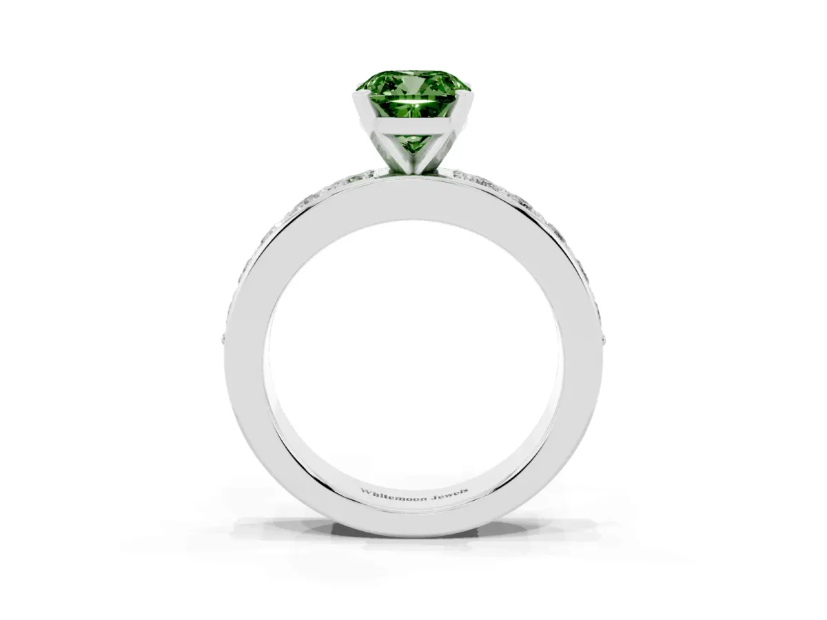 Fancy Green Cushion Cut Diamond Engagement Ring with Channel Set Round Band and Prong Setting Silver