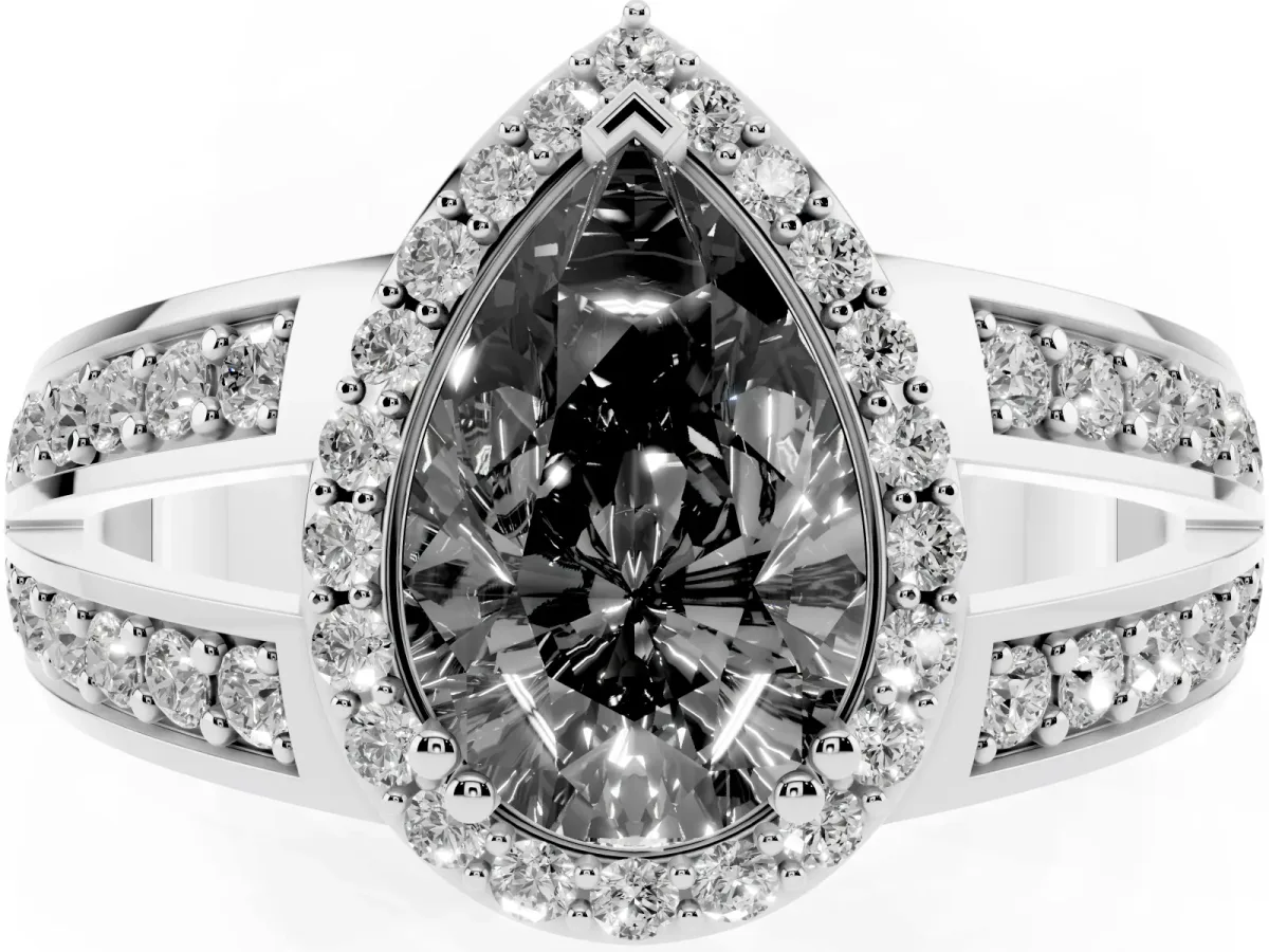 Fancy Black Pear Cut Diamond Halo Ring with Split Shank Pavé Band and Four-Prong Setting Silver