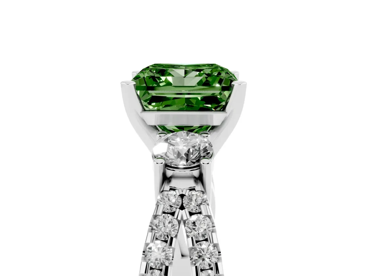 Fancy Green Princess Cut Diamond Three-Stone Ring with Pavé Split Shank and Four-Prong Setting Platinum