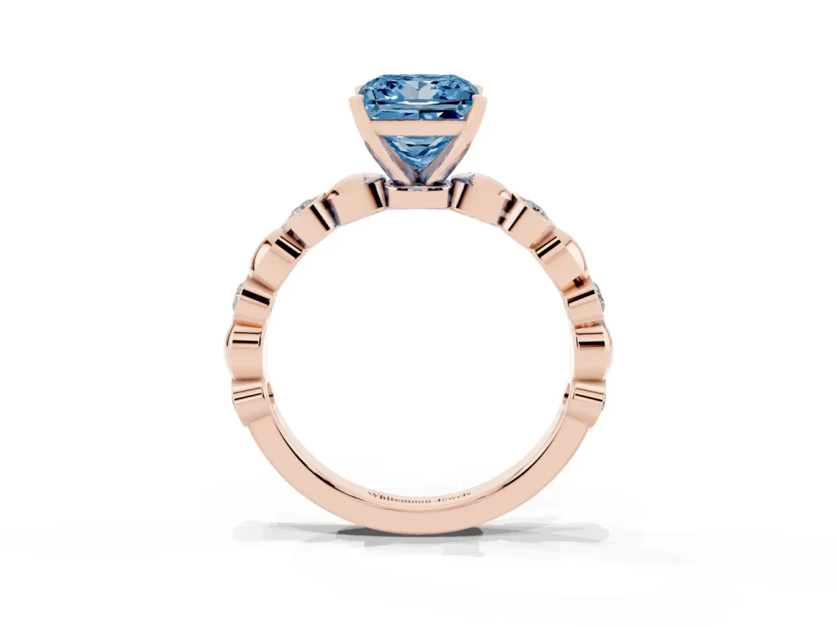 Fancy Blue Princess Cut Solitaire Bezel-Set Diamond Ring with Beaded Band and Four-Prong Setting Rose gold