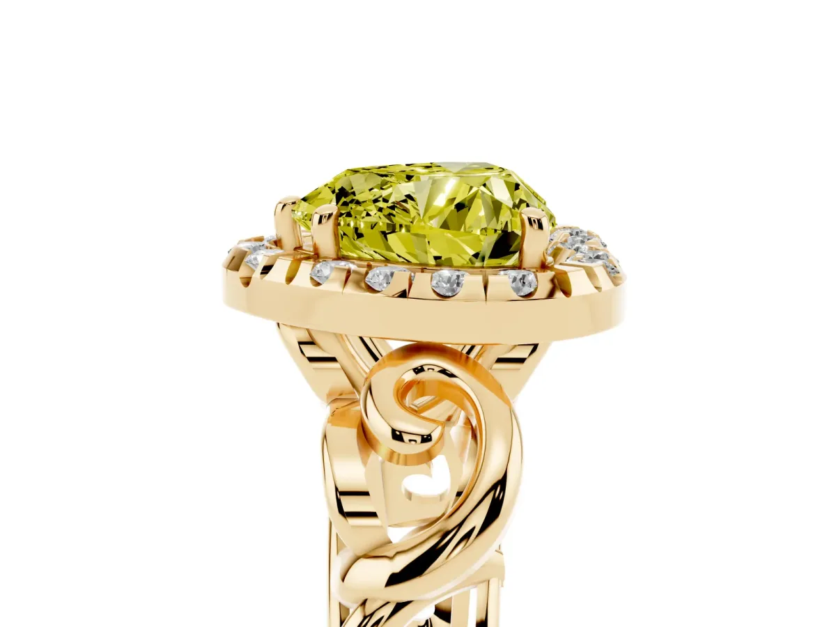 Fancy Yellow Heart Cut Cut Halo Diamond Ring with Scrollwork Band and Four-Prong Setting Yellow gold