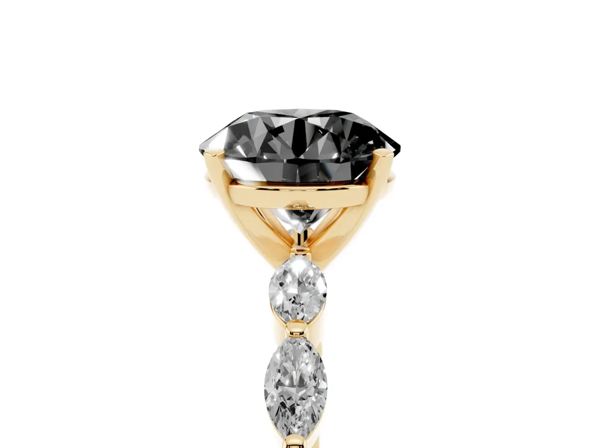 Fancy Black Round Cut Diamond Ring with Marquise Side Stones and Prong Setting Yellow gold