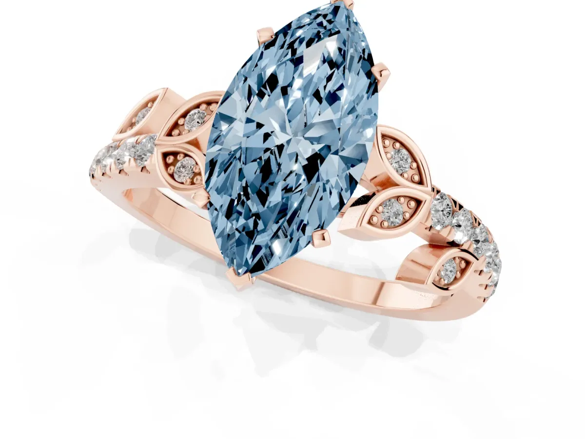 Fancy Blue Marquise Cut Solitaire Leaf-Inspired Diamond Ring with Pavé Band and Four-Prong Setting Rose gold