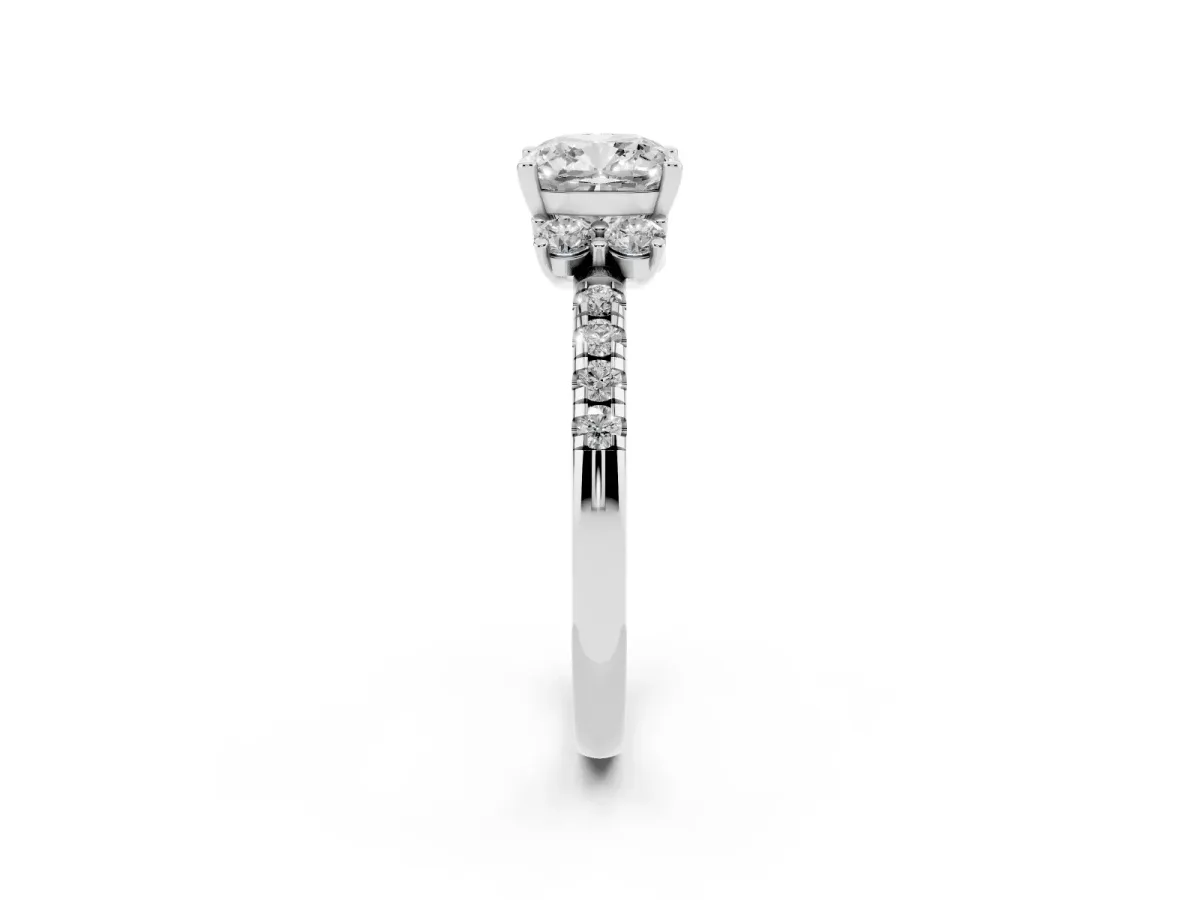 Cushion Cut Diamond Three-Stone Pave Band with Four-Prong Setting Silver