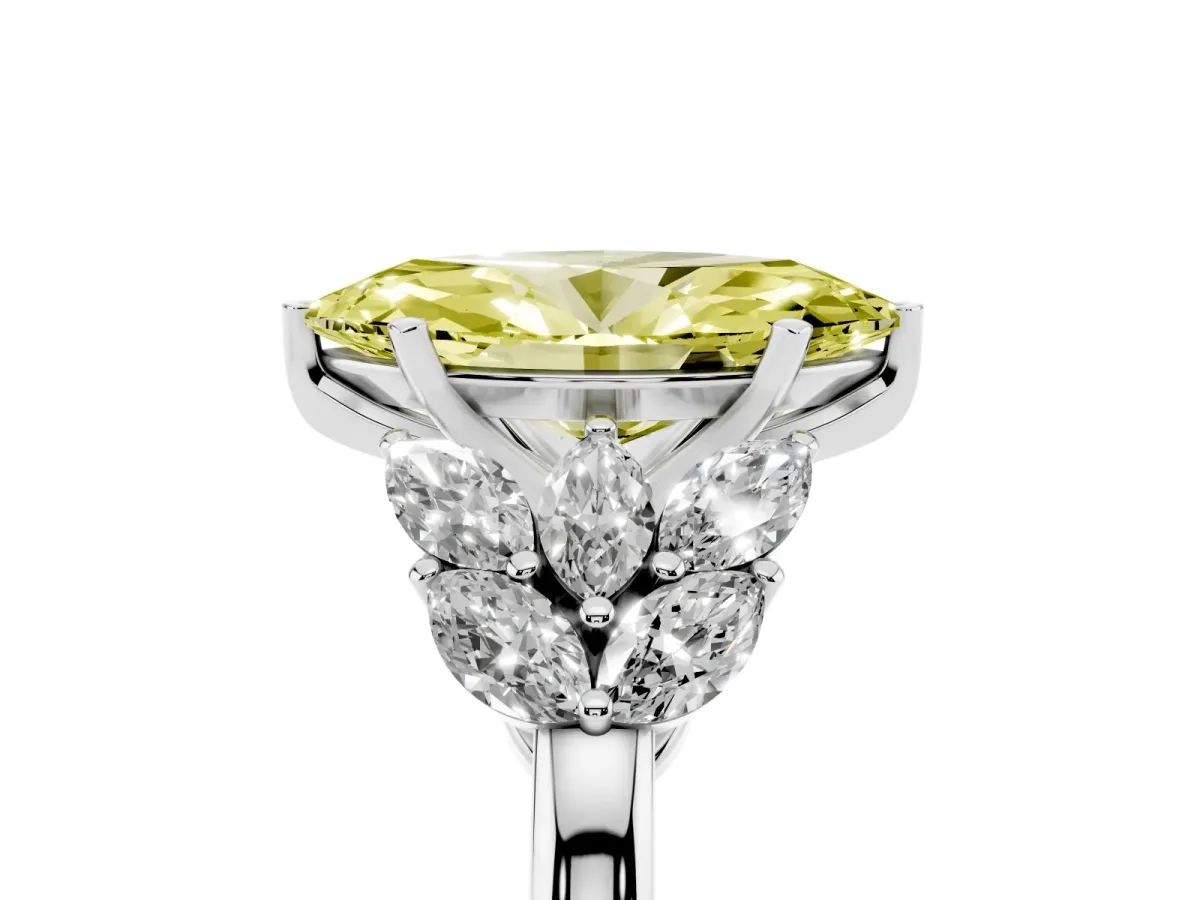 Fancy Yellow Marquise Cut Diamond Cluster Leaf Design Ring with Prong Setting White gold