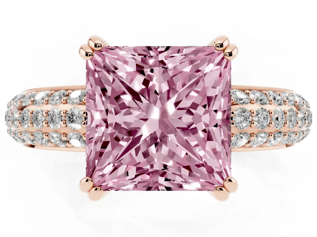 Fancy Pink Princess Cut Diamond Solitaire Ring with Multi-Row Round Pavé Band and Prong Setting Rose gold