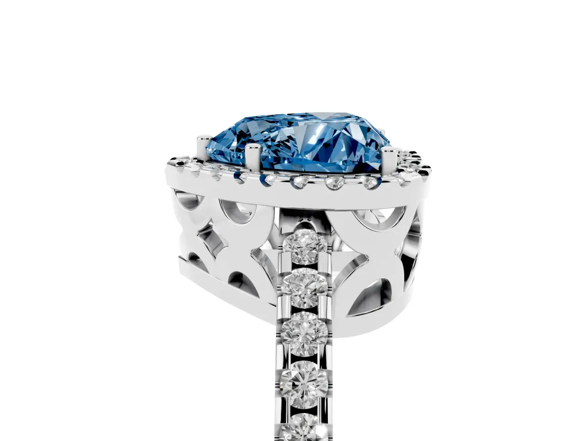 Fancy Blue Heart Cut Diamond Halo Engagement Ring with Pavé Band and Prong Setting White gold