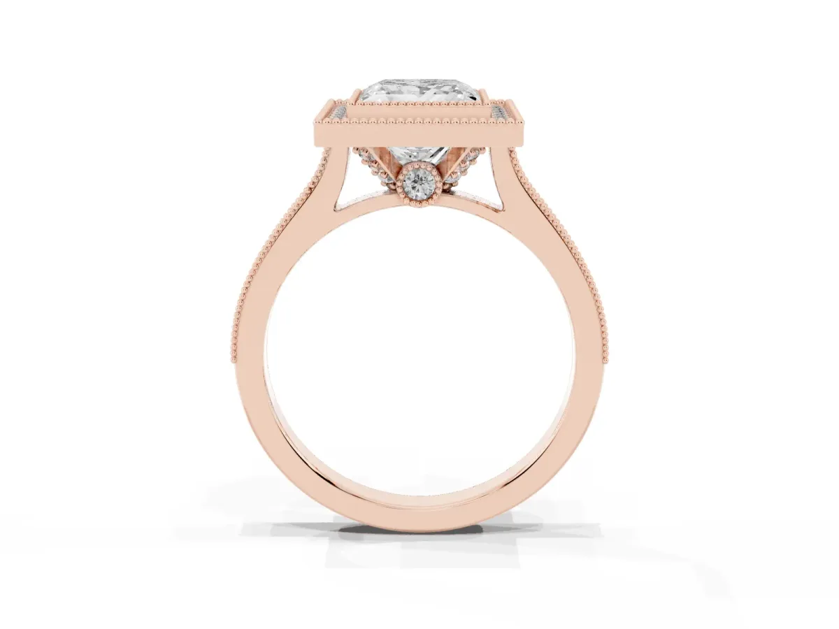 Halo Princess Cut-Cut Diamond Pave Band Milgrain Prong Setting Ring Rose gold