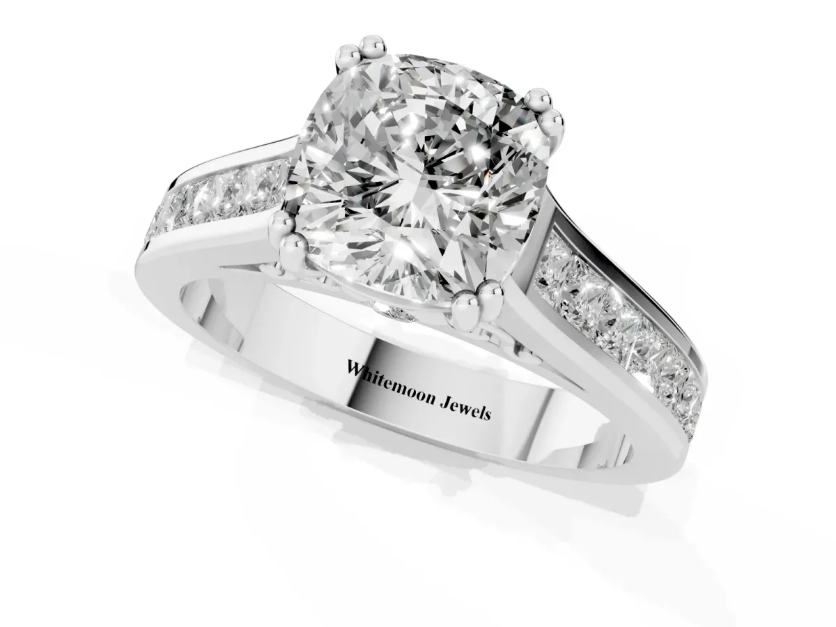 Cushion Cut Cut Channel Set Solitaire Engagement Ring with Prong Setting Silver