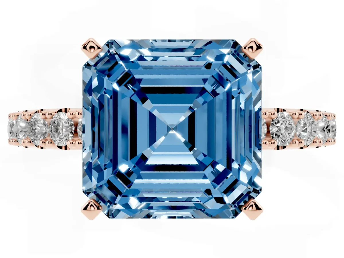 Fancy Blue Asscher Cut Diamond Solitaire Pavé Band with Four-Prong Setting Rose gold