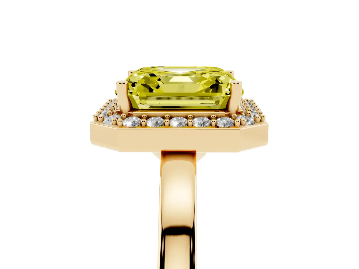 Fancy Yellow Asscher Cut Halo Diamond Ring with Solitaire Band and Prong Setting Yellow gold