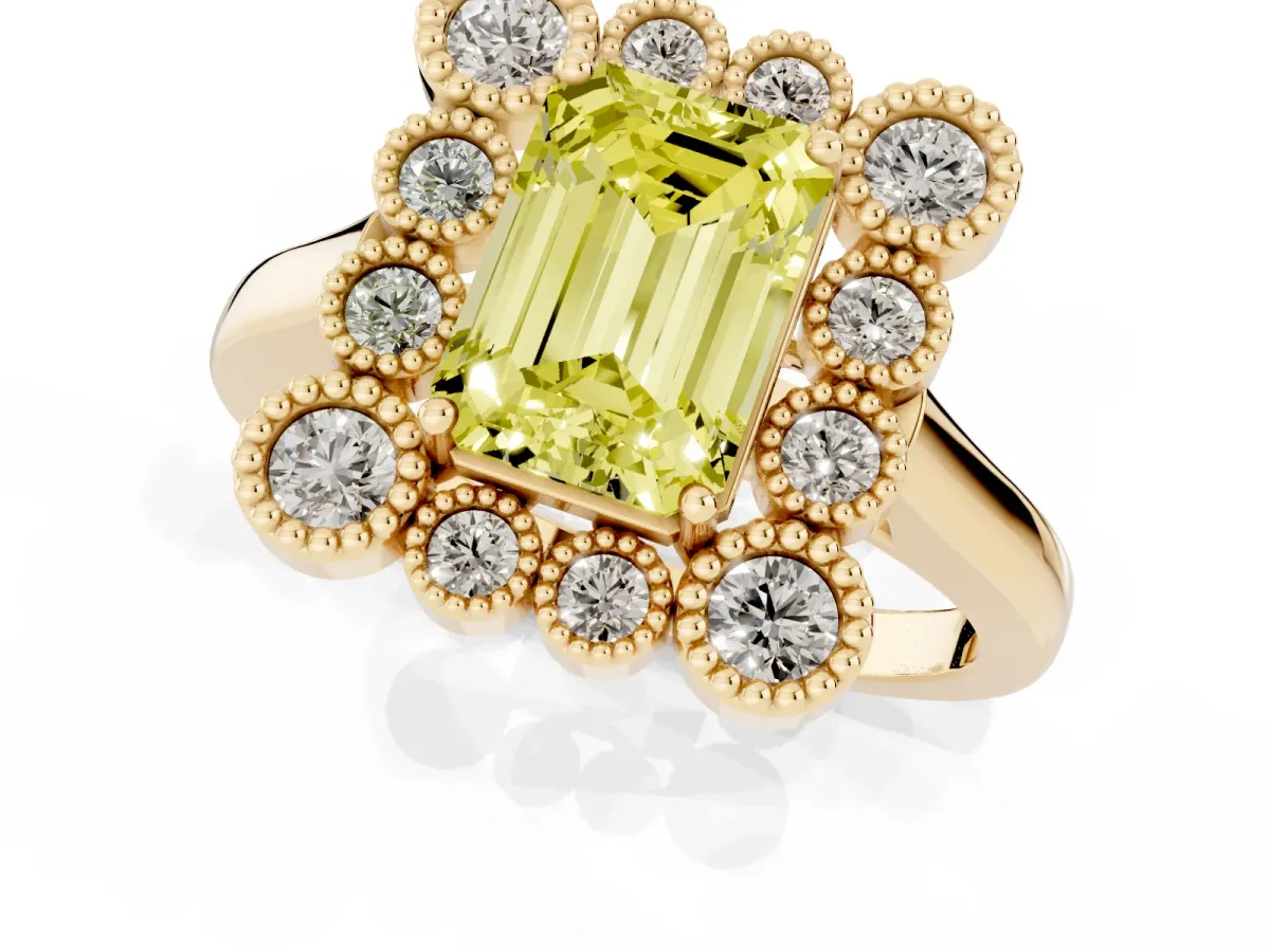 Fancy Yellow Emerald Cut Halo Diamond Cluster Engagement Ring with Milgrain Bezel Setting and Solitaire Band Yellow gold