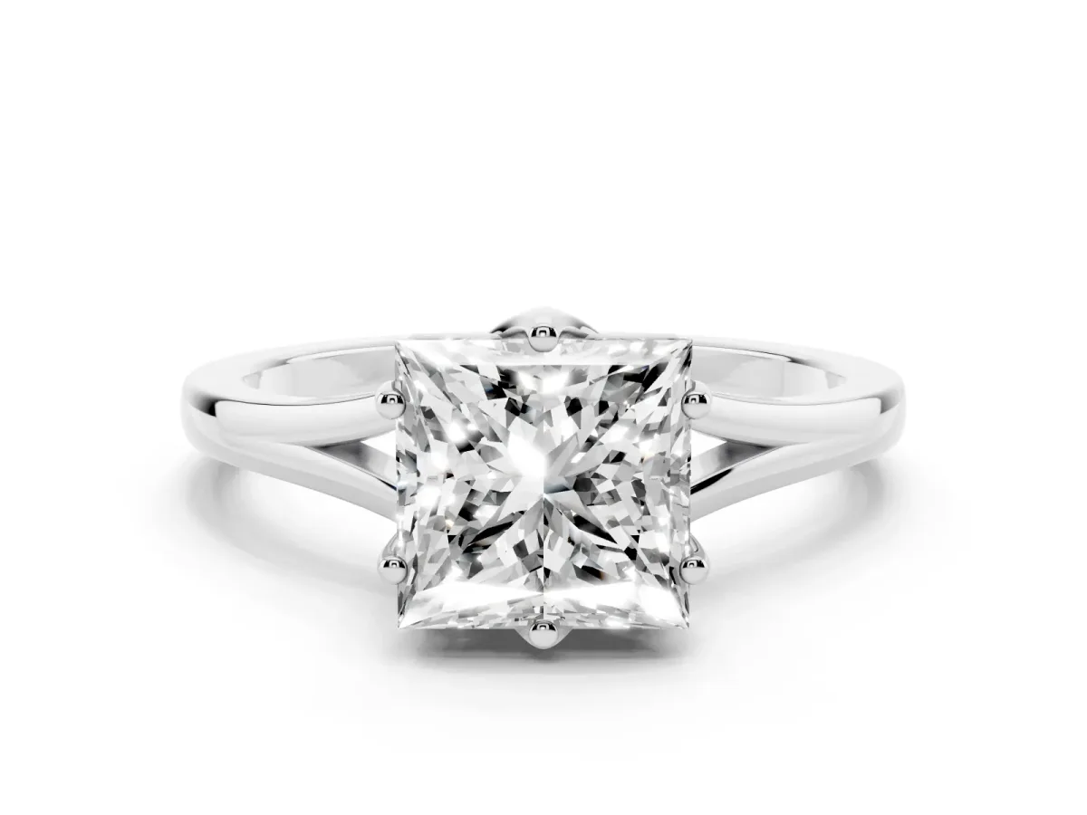 Princess Cut Solitaire Diamond Ring with Six-Prong Setting and Tapered Band Silver
