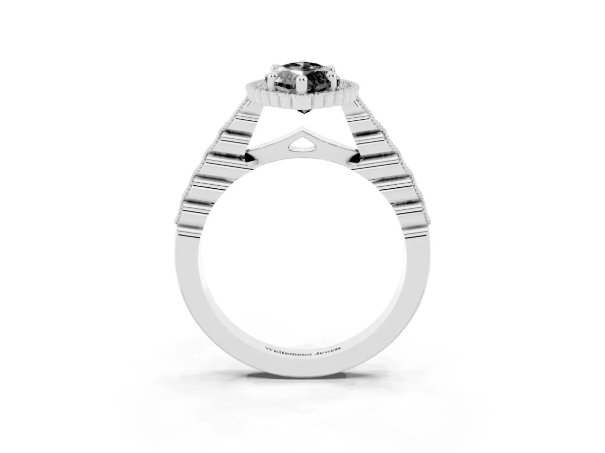 Fancy Black Marquise Cut Cut Halo Pavé Solitaire Ring with Milgrain Band White gold