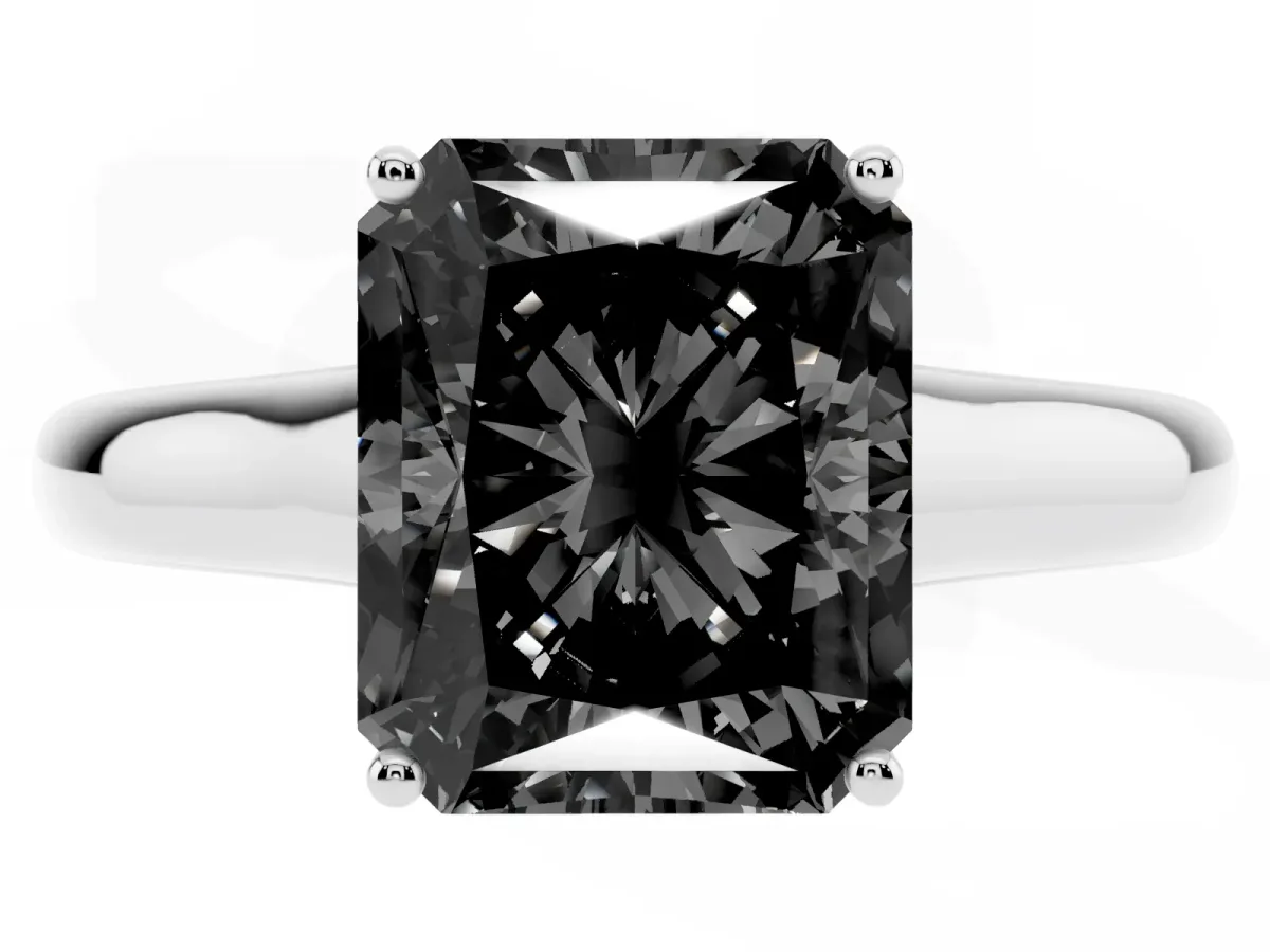 Fancy Black Radiant Cut Solitaire Engagement Ring with Tapered Band and Four-Prong Setting Silver