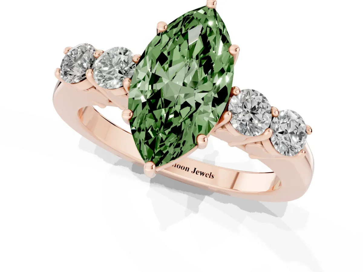 Fancy Green Marquise Cut Cut Diamond Five-Stone Prong Set White Gold Ring Rose gold