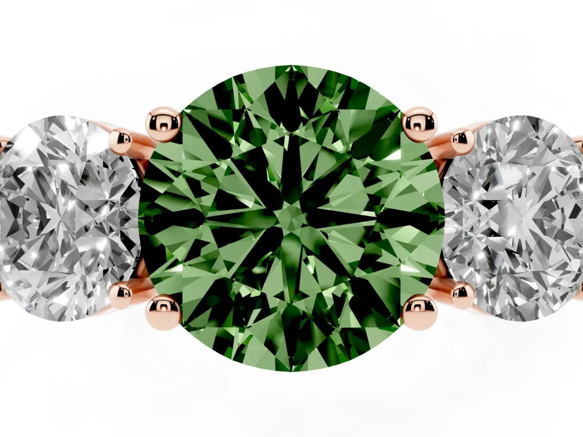 Fancy Green Three-Stone Round Cut Cut Diamond Engagement Ring with Flat Band and Four-Prong Setting Rose gold