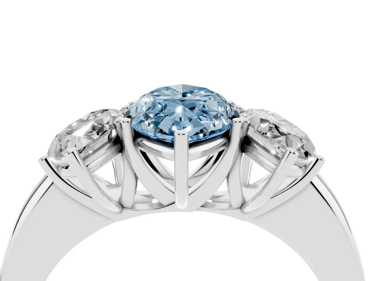 Fancy Blue Marquise Cut Diamond Three-Stone Ring with Four-Prong Setting and Classic Band Silver