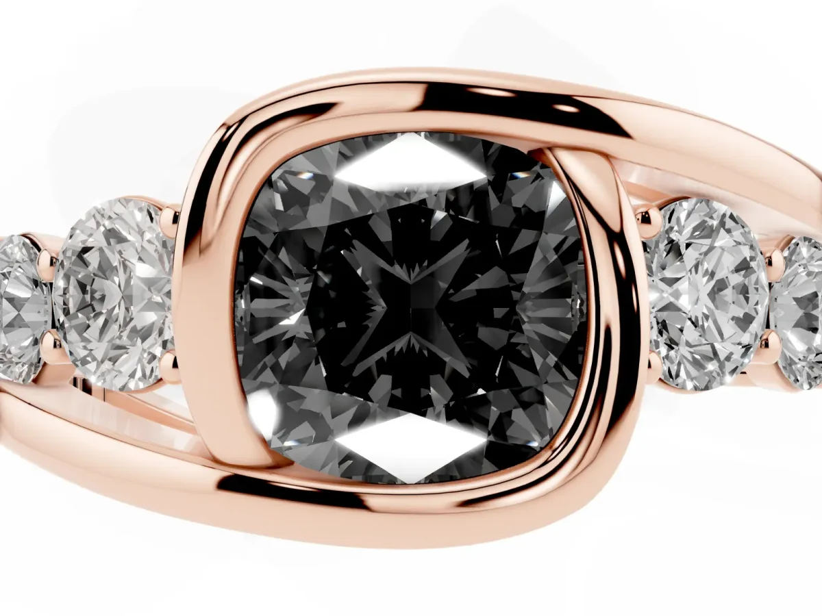 Fancy Black Bezel Set Cushion Cut Diamond Bypass Ring with Round Accents Rose gold