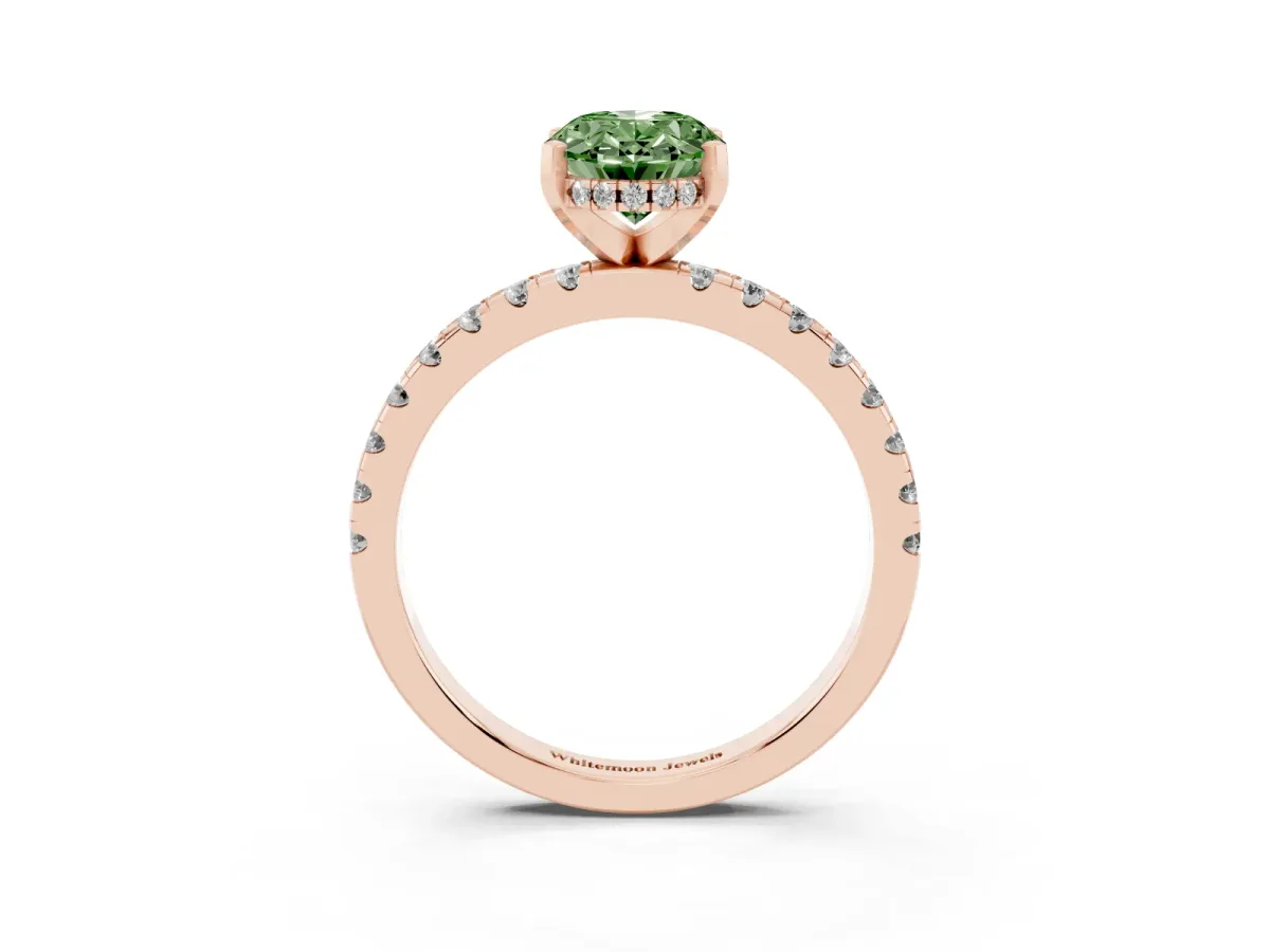 Fancy Green Oval Cut Diamond Solitaire Ring with Round Pavé Band and Four-Prong Setting Rose gold