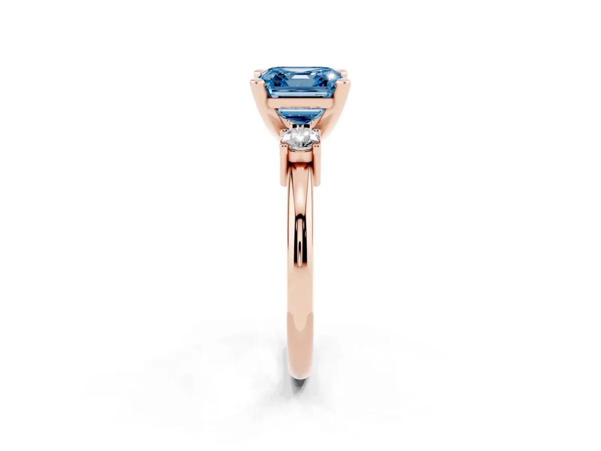 Fancy Blue Three-Stone Asscher Cut Cut Diamond Solitaire with Prong Setting and Classic Band Rose gold