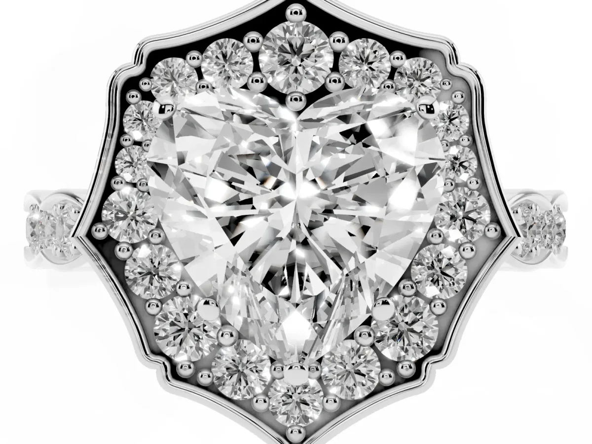 Heart Cut Halo Diamond Engagement Ring with Milgrain Band and Four-Prong Setting Platinum