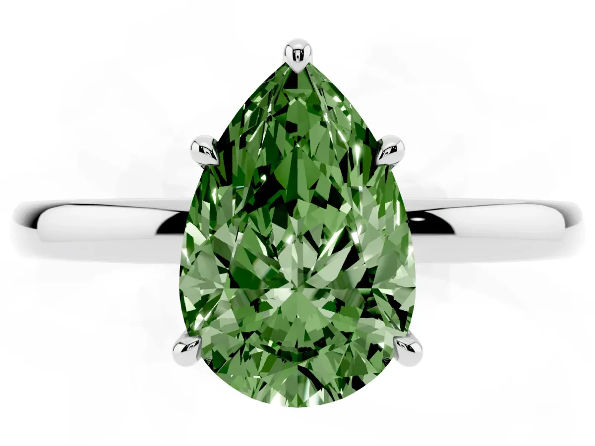 Fancy Green Pear Cut Solitaire Engagement Ring with Cathedral Band and Four-Prong Setting Silver