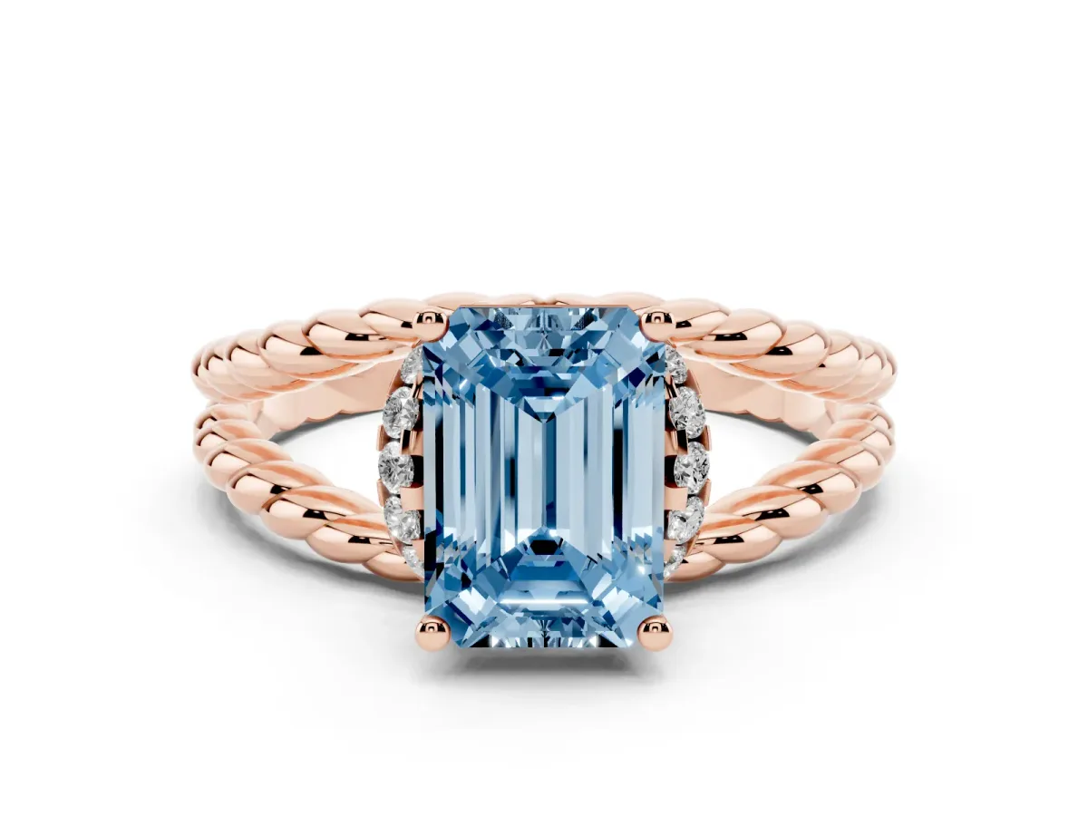 Fancy Blue Emerald Cut Halo Twisted Band Four-Prong Ring Rose gold