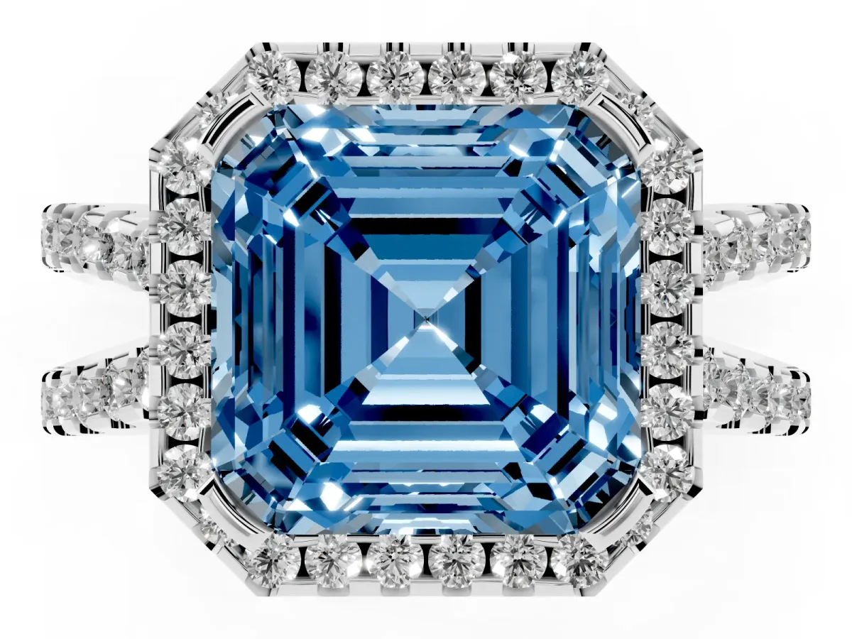 Fancy Blue Asscher Cut Diamond Halo Ring with Split Shank Pavé Band and Prong Setting Silver