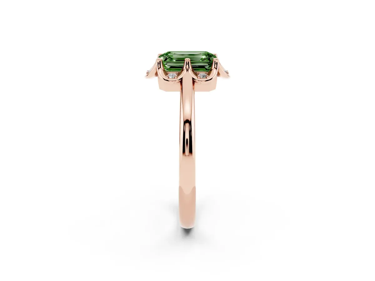 Fancy Green Emerald Cut Halo Diamond Ring with Round Cluster Setting, Solitaire Band, and Four-Prong Setting Rose gold